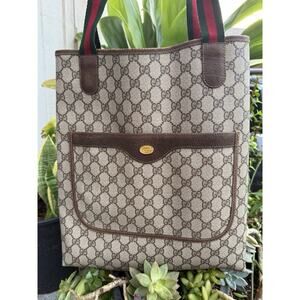 Vintage GUCCI Tote Bag Sherry Line GG Brown PVC Leather Shoulder Authentic